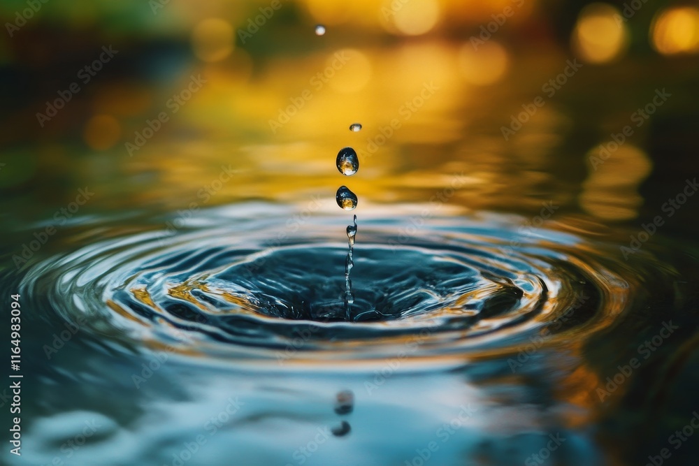 Aufkleber Water drop falling into still water, creating concentric ripples and bokeh background.
