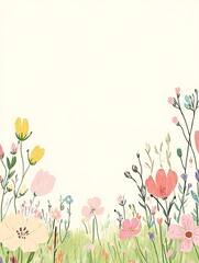 Colorful Floral Border with Various Wildflowers and Green Leaves on a Soft Background