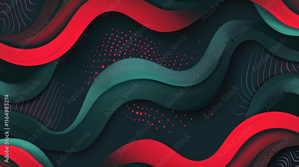 Poster abstract wavy pattern featuring red and teal colors on a dark background.