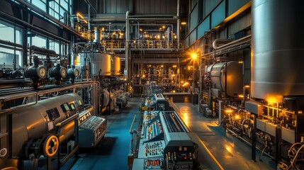 Naklejka premium A power plant interior featuring towering pipes, control panels, and glowing industrial lights, styled with precision and order