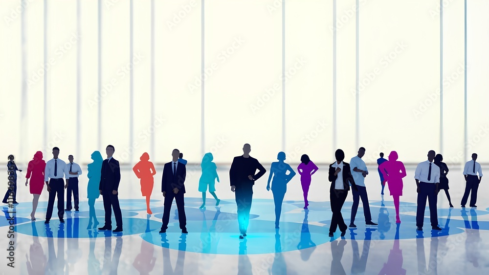 Poster dynamic business networking event featuring abstract business themes in a modern office environment 