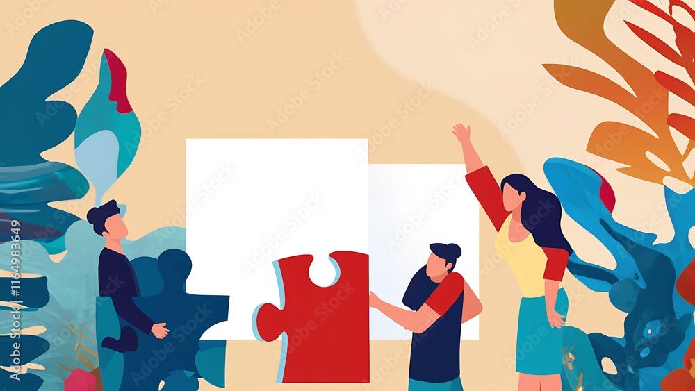 Poster collaborative puzzle solving abstract business concept modern office vibrant environment group inter