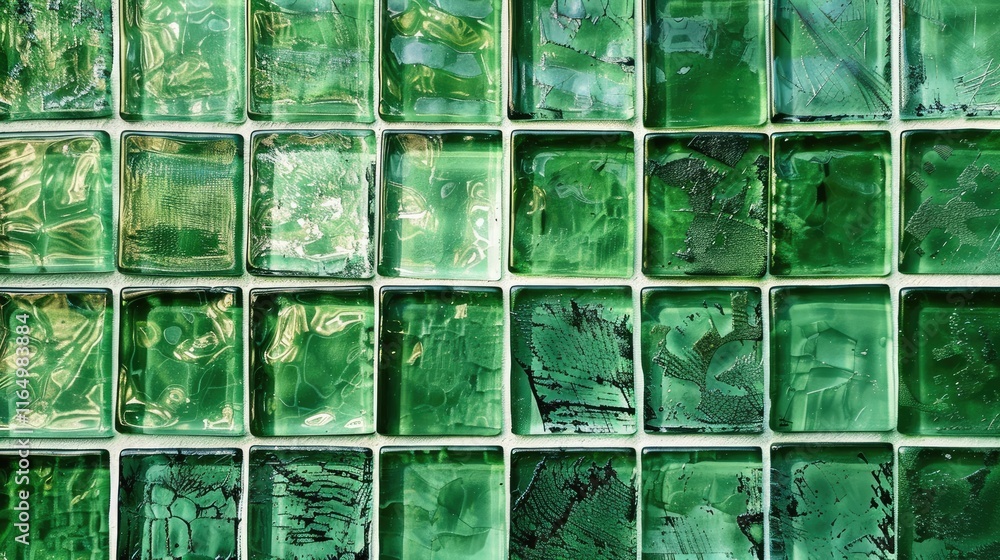 Aufkleber a close-up view of various green glass tiles arranged in a grid pattern.