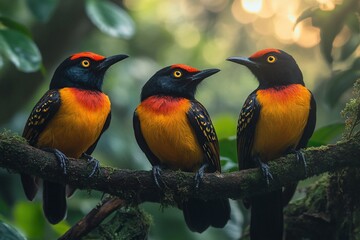 Fototapeta premium Three vibrant orange and black birds perched on a mossy branch in a lush green forest.