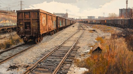 Obraz premium A rail yard filled with rusted freight cars, tracks crisscrossing, and overgrown weeds breaking through the gravel