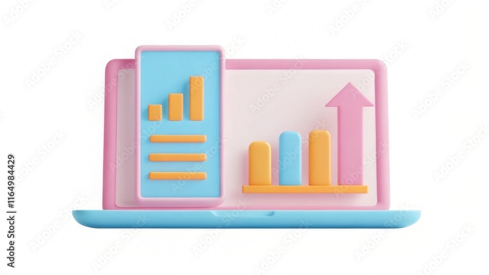 Poster a colorful laptop graphic displaying growth charts and data analysis, emphasizing modern digital bus