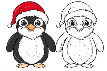 Fototapeta premium Black-and-white Christmas coloring page and its vibrant colored version for kids