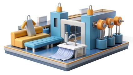 A colorful 3D model of a fitness room featuring weights, a bench, a couch, and a modern sink, showcasing a blend of relaxation and workout space.