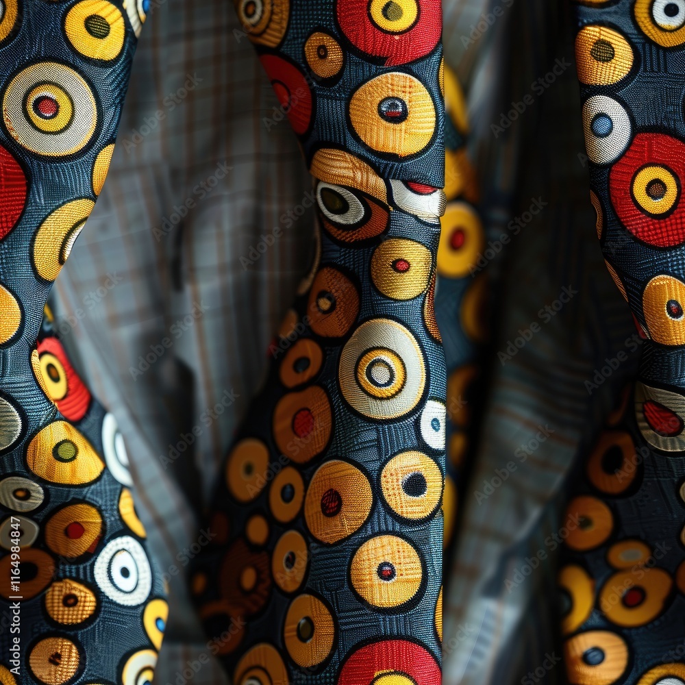 Poster a close-up of patterned fabric featuring colorful circles on a dark background.