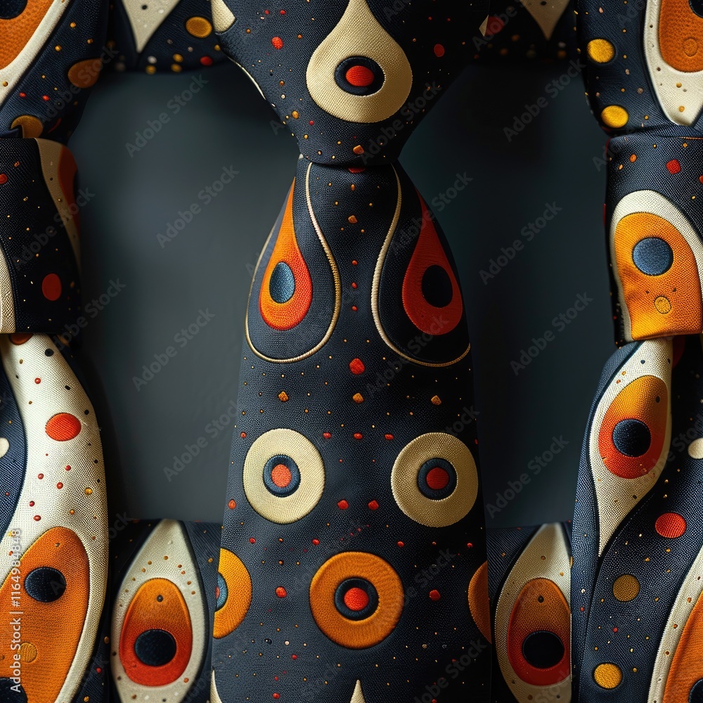 Poster A colorful tie featuring abstract patterns of circles and teardrop shapes.