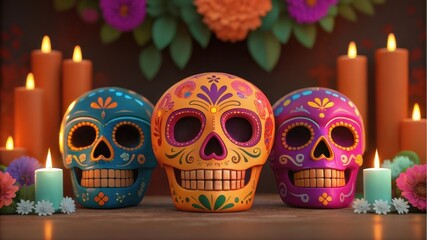 Fototapeta premium Colorful sugar skulls surrounded by candles and flowers, symbolizing Dia de los Muertos, celebrate life and death in vibrant tradition.