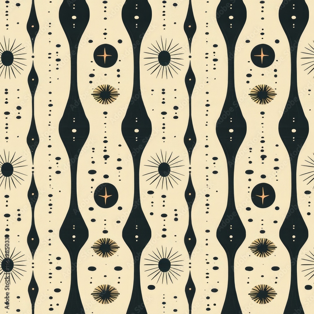 Poster abstract patterned design featuring wavy lines and geometric shapes in neutral tones.