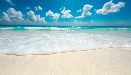 Obraz premium Serene Beachscape: Azure Waters, White Foam, and Sunny Skies