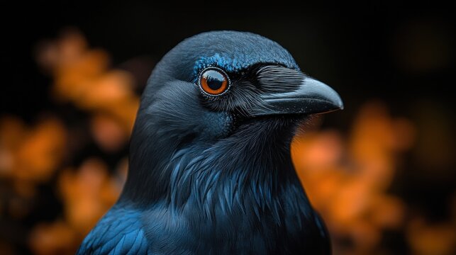 Close-up portrait of a black bird with orange eyes against a blurred orange background.