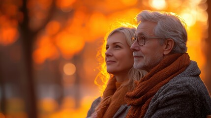 Obraz premium Happy senior couple enjoying a serene autumn sunset in a park, wearing warm scarves and surrounded by golden foliage, capturing a moment of peace and connection.