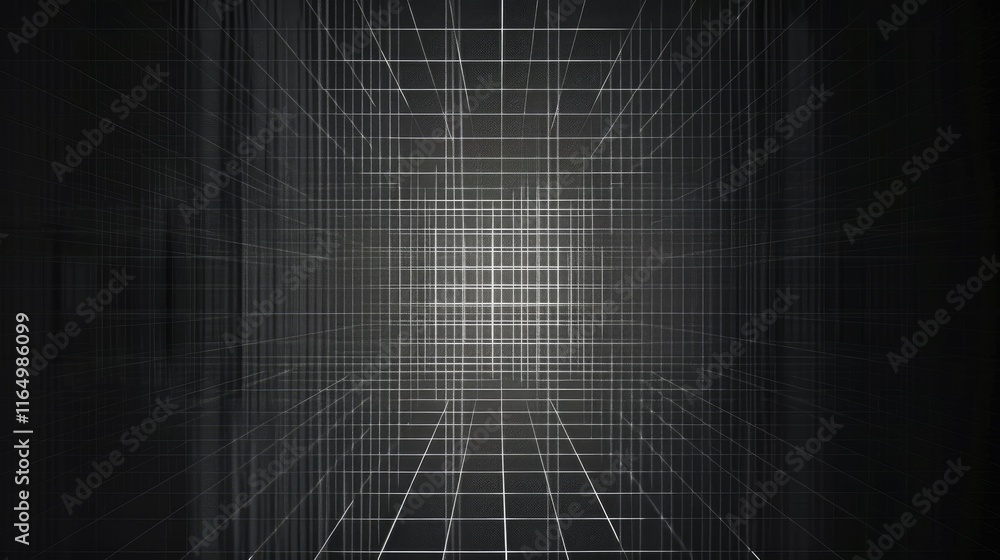 Aufkleber a 3d grid structure in a dark environment, suggesting depth and perspective.