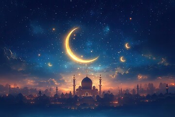 Fantasy nightscape featuring a glowing crescent moon surrounded by sparkling stars above a serene body of water. The scene is framed by an illuminated cityscape with intricate domed architecture and s