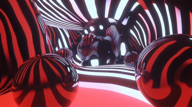 Abstract red and black striped spheres in a surreal 3D environment.