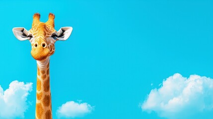 Playful Giraffe Against Bright Blue Sky with Fluffy White Clouds
