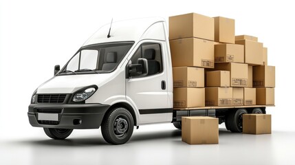 A white delivery truck loaded with cardboard boxes, ready for transport.