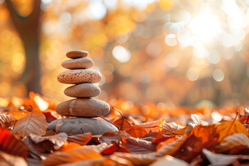 Obraz premium Balanced zen stones on colorful maple leaves with sunbeams in autumn