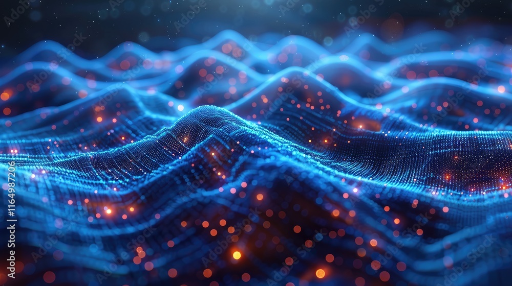 Poster abstract digital waves with glowing particles, representing data or energy flow.