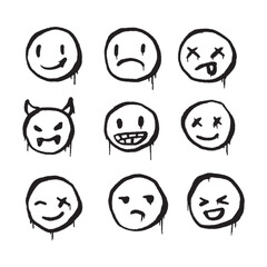 Emoticon smile sad angry set hand drawn spray painted illustration