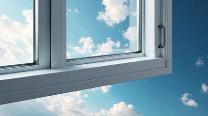 A slightly opened white window frame reveals a vibrant blue sky filled with fluffy white clouds, promising a beautiful day
