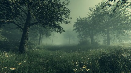 Misty forest path with tall trees and green grass.
