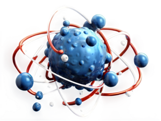 A stylized model of a hydrogen atom with orbiting electron and labeled nucleus.
