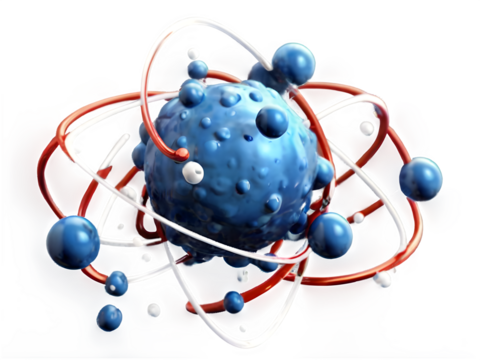 A stylized model of a hydrogen atom with orbiting electron and labeled nucleus.
