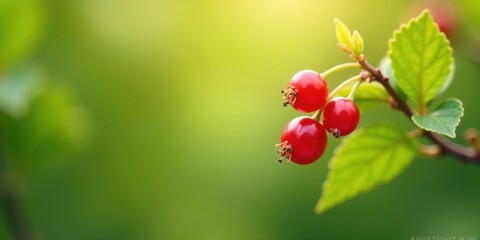 Obraz premium Close-up of ripe red berries on a branch with vibrant green foliage in sunlight