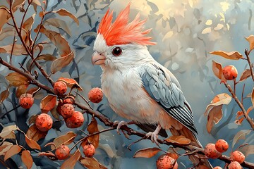 A vibrant watercolor painting of a red-crested cockatoo perched on a branch laden with ripe orange berries.