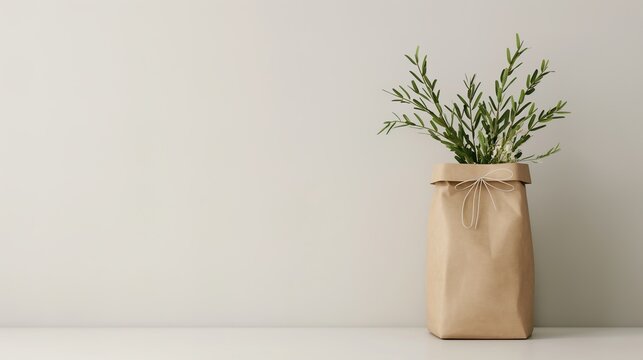 A simple, elegant arrangement of greenery in a minimalist paper bag vase against a neutral wall, creating a serene and modern decor aesthetic.Sustainable living, green packaging, festivals, 3D