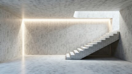 Modern minimalist concrete interior with stairway and subtle lighting