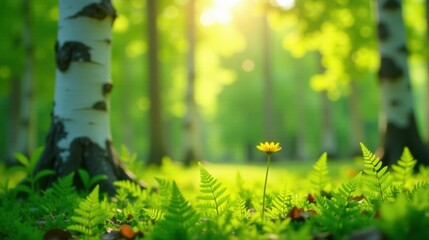 Serene Woodland Scene A Single Yellow Wildflower Basking in the Sunlight Among Lush Ferns and Trees