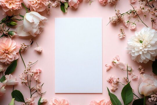 Elegant floral arrangement with blank wedding stationery, ideal for romantic invitations, bridal showers, or special events. Soft pastel hues provide a serene ambiance. - Powered by Adobe