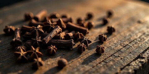 Warm-toned close-up of aromatic cloves and star anise scattered on rustic wooden surface bathed in sunlight