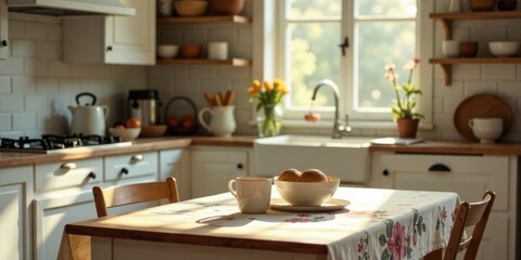 Morning Sunlight Illuminates a Cozy Kitchen Table Setting with Coffee and Pastries
