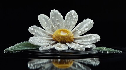 Dew-kissed daisy floats on dark water, reflecting serenity.