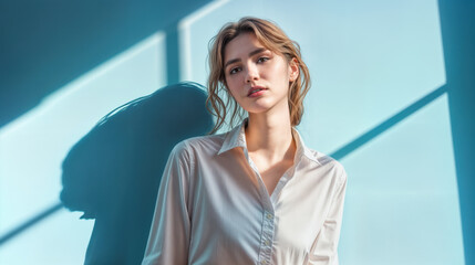 Young woman modeling a shirt standing against a blue wall. Dramatic shadows. Short brown hair and a fair complexion.