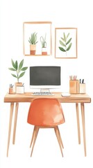 Watercolor Illustration of a Stylish Home Office Workspace