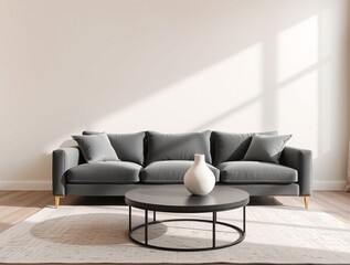 Calm composition features a sofa and round table decorated with small elegant vases, as well as soft shadows from the window against a neutral wall backdrop.