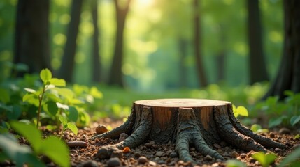 Obraz premium Serene woodland scene featuring a tree stump in a sun-dappled forest
