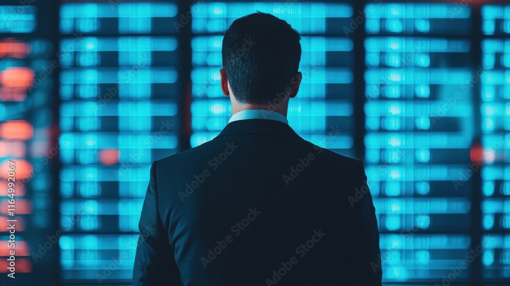 Poster businessman analyzing changing charts: adaptable approach to shifting business environments