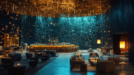 Luxurious hotel bar with unique ceiling design and ambient lighting.