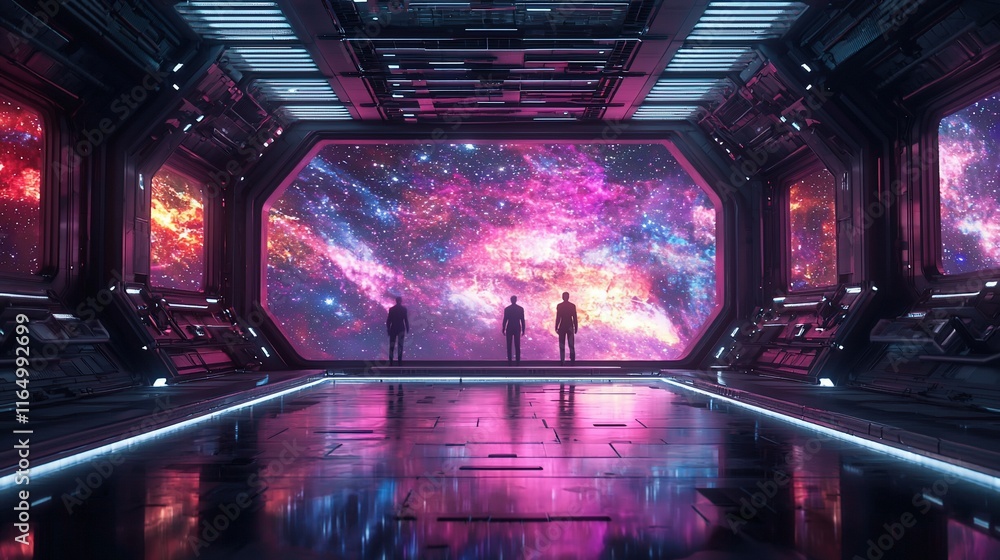 Poster three figures in futuristic spaceship observing nebula through large window.