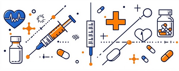 Medical Illustrations of Syringe and Medicine Icons