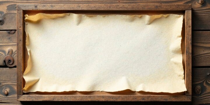 Aged Parchment Paper in Rustic Wooden Frame, Ideal for Vintage Design or Antique Textured Background