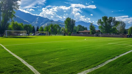 An outdoor sports field set up for a soccer game, the goals in place and the grass freshly mowed.